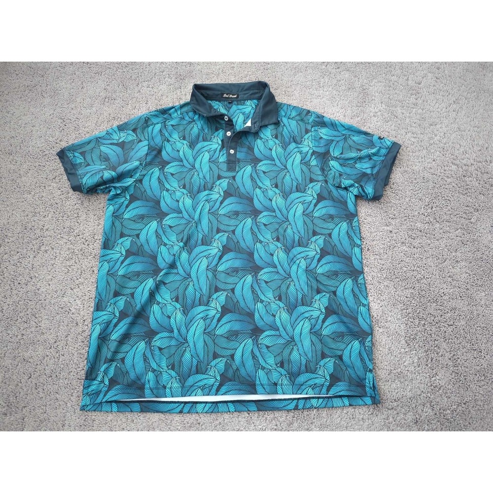 Dad Brand Polo Shirt Mens 2XL Blue Teal Tropical Leaf‎ Print Stretch Performance